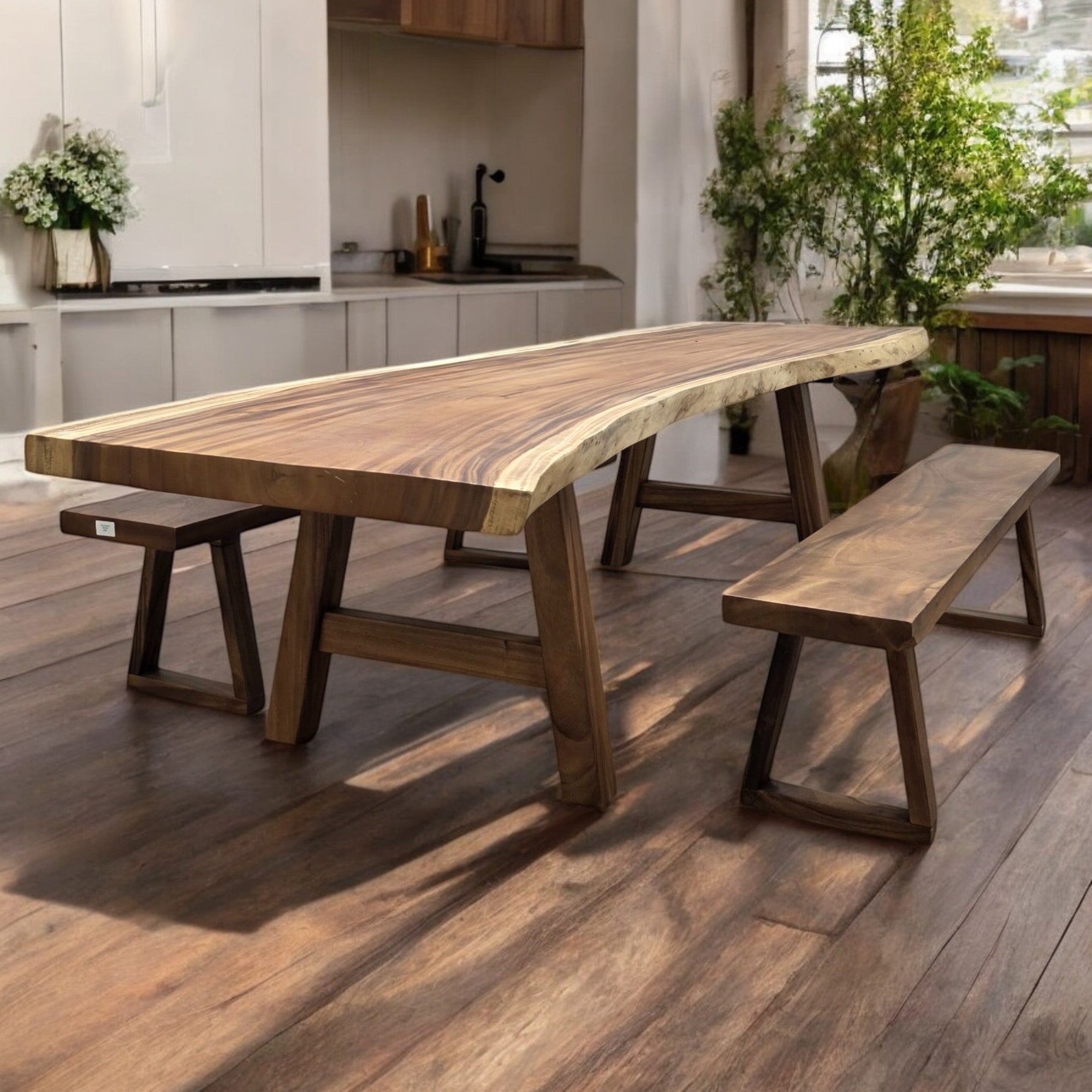 Tavolo da pranzo in noce indiano, bordo naturale, 300 x 88 cm