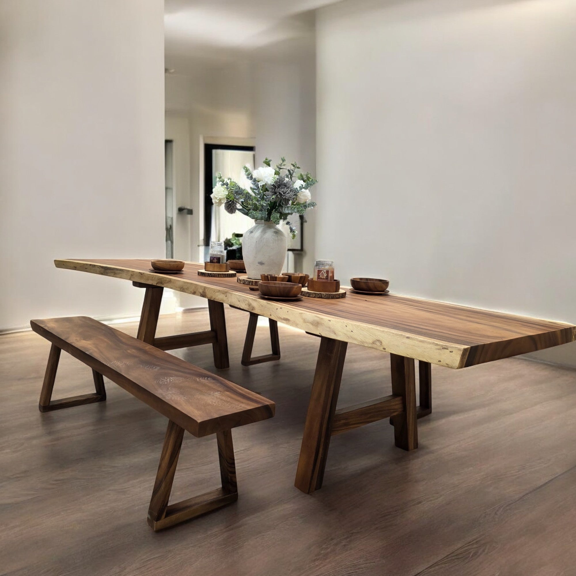 Tavolo da pranzo in noce indiano, bordo naturale, 300 x 88 cm