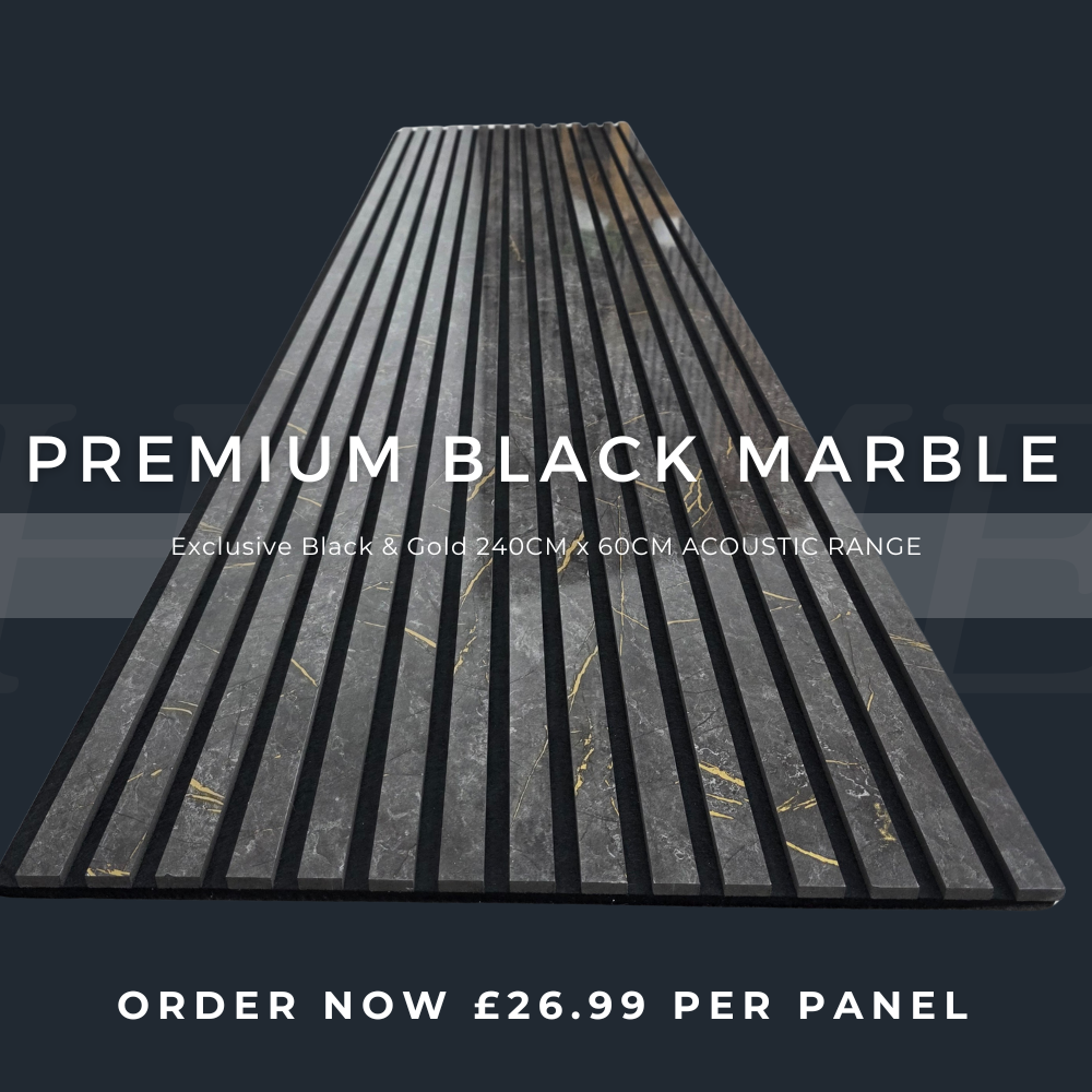 Pannello murale fonoassorbente a doghe effetto marmo nero e oro 240 cm x 60 cm