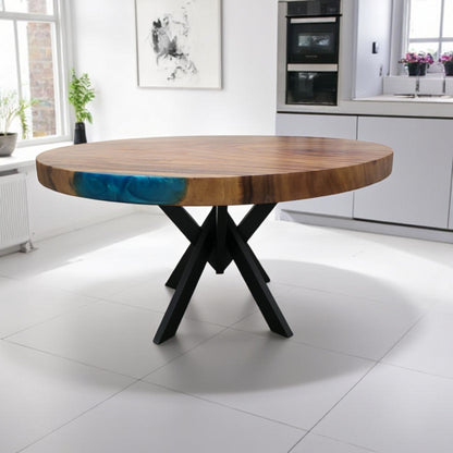 Tavolo da pranzo 136 cm rotondo in noce indiano con bordo naturale in resina blu