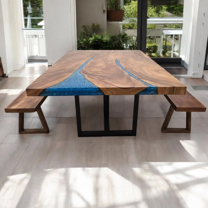 Tavolo da pranzo 210cm x 145cm in noce indiano orientale con bordo vivo in resina blu