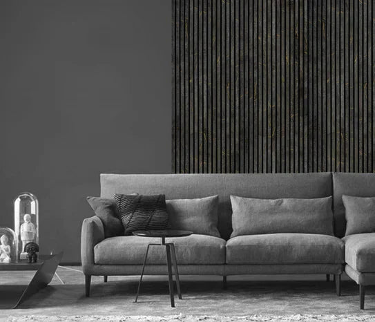 Pannello murale fonoassorbente a doghe effetto marmo nero e oro 240 cm x 60 cm
